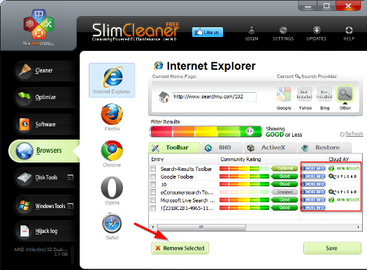  mangage toolbars with SlimCleaner